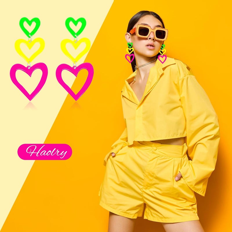 HOLYRY Neon Heart Earrings for Women Acrylic Neon Earrings 80s 90s Outfit for Women Glow Party Accessories Gifts Hot Pink Orange Green Yellow - Image 5